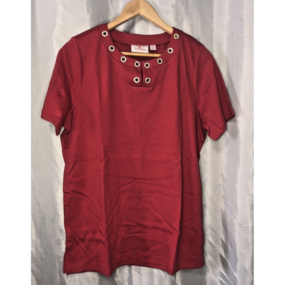 Quacker Factory Women's Grommet Detail Split-Neck T-Shirt Lipstick Red Sz Large